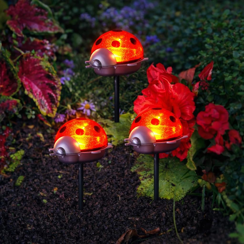 Festive Lights - 3 Pack 14cm Solar Power Red Ladybird Outdoor Garden Stake Lights - 3 Bright White LEDs, Metal Ground Spikes, IP44 Rated, Auto Dusk Sensor - Border Pathway Decor, Individual Panels