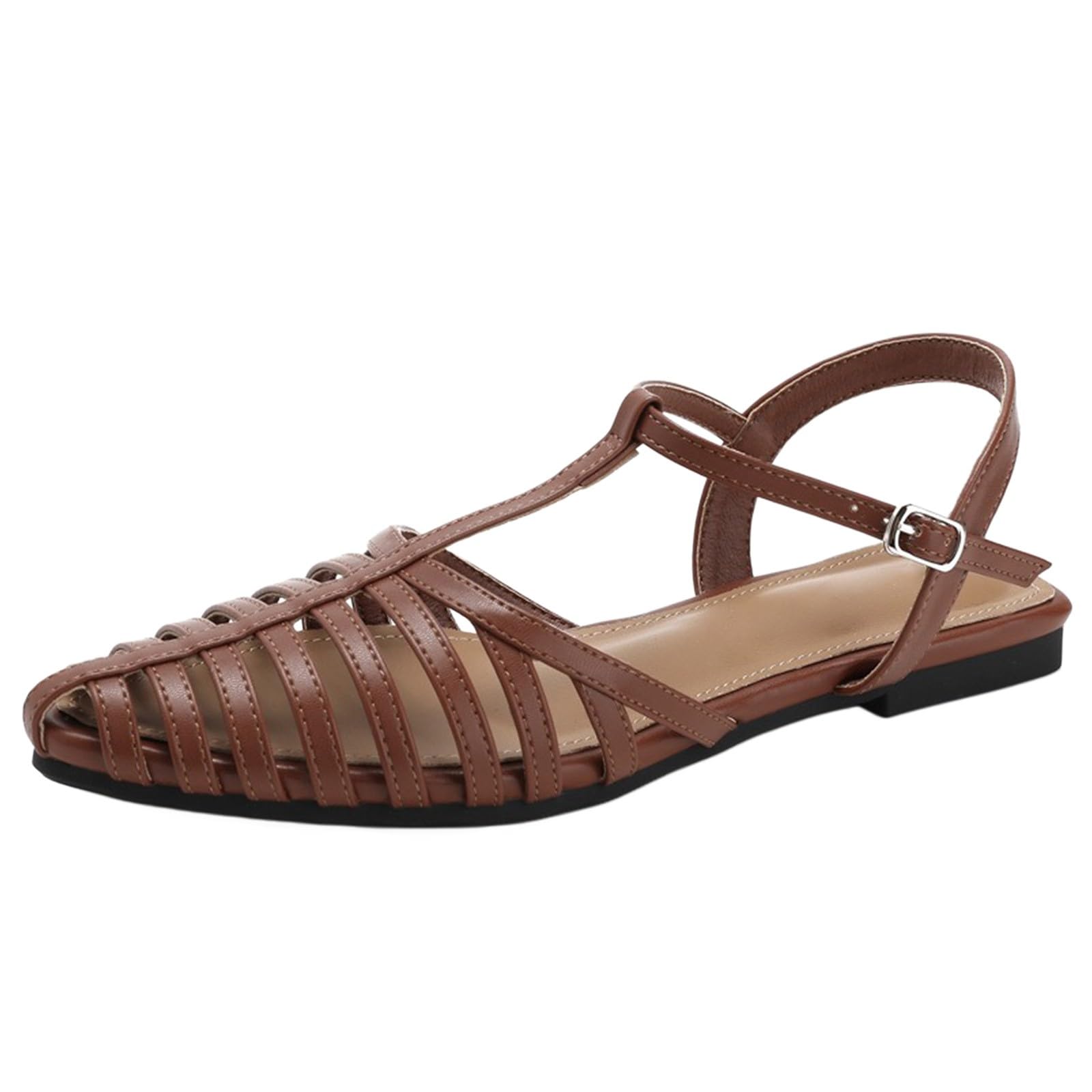 Damskie sandały retro klatka płaskie sandały T-Strap Hollow Out Gladiator buty vintage niski obcas letnie obuwie na plażę imprezę podróż, Brązowy, 39.5 EU