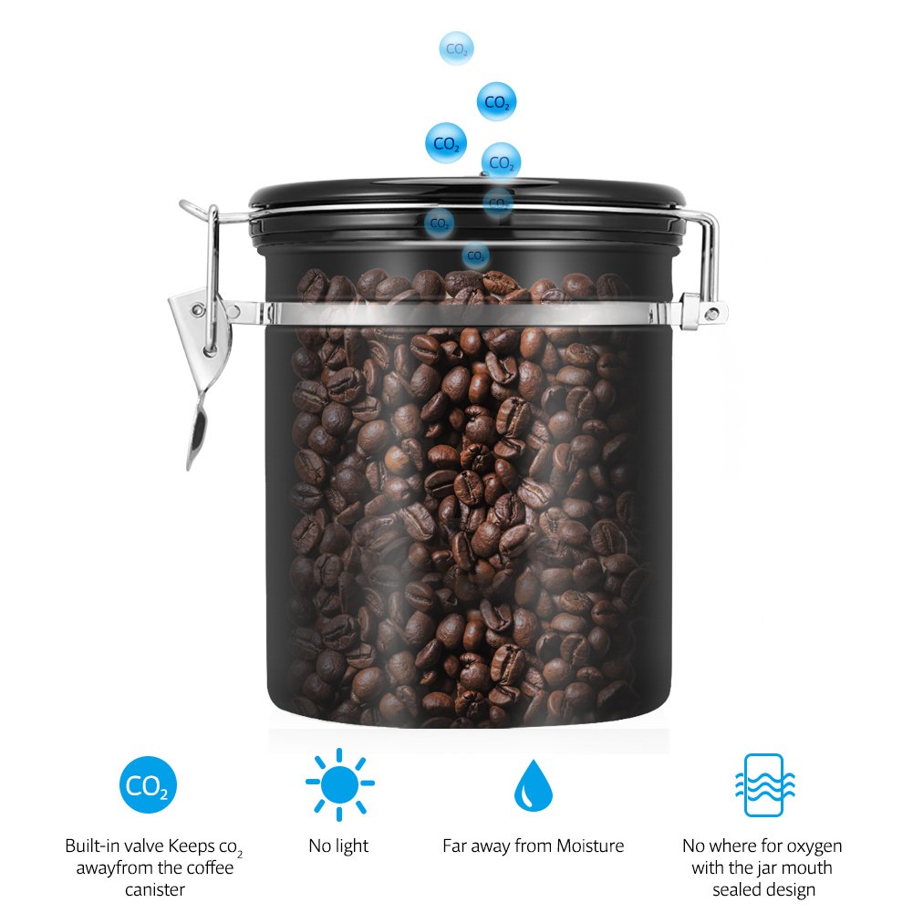 inless Kaffeedose aus Stahl, luftdicht, Vakuum-Sto-Conter für Kaffeebohnen, Tee, schwarz, Aromabehälter, ideal für Frische und Konservierung