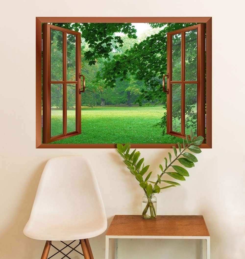 wall26 Removable Wall Sticker/Wall Mural Window View Tropical Ocean Island Beach Chair Vacation Nature Wilderness Photography Realism Landscape Multicolor for Living Room, Bedroom, Office - 24"x32"