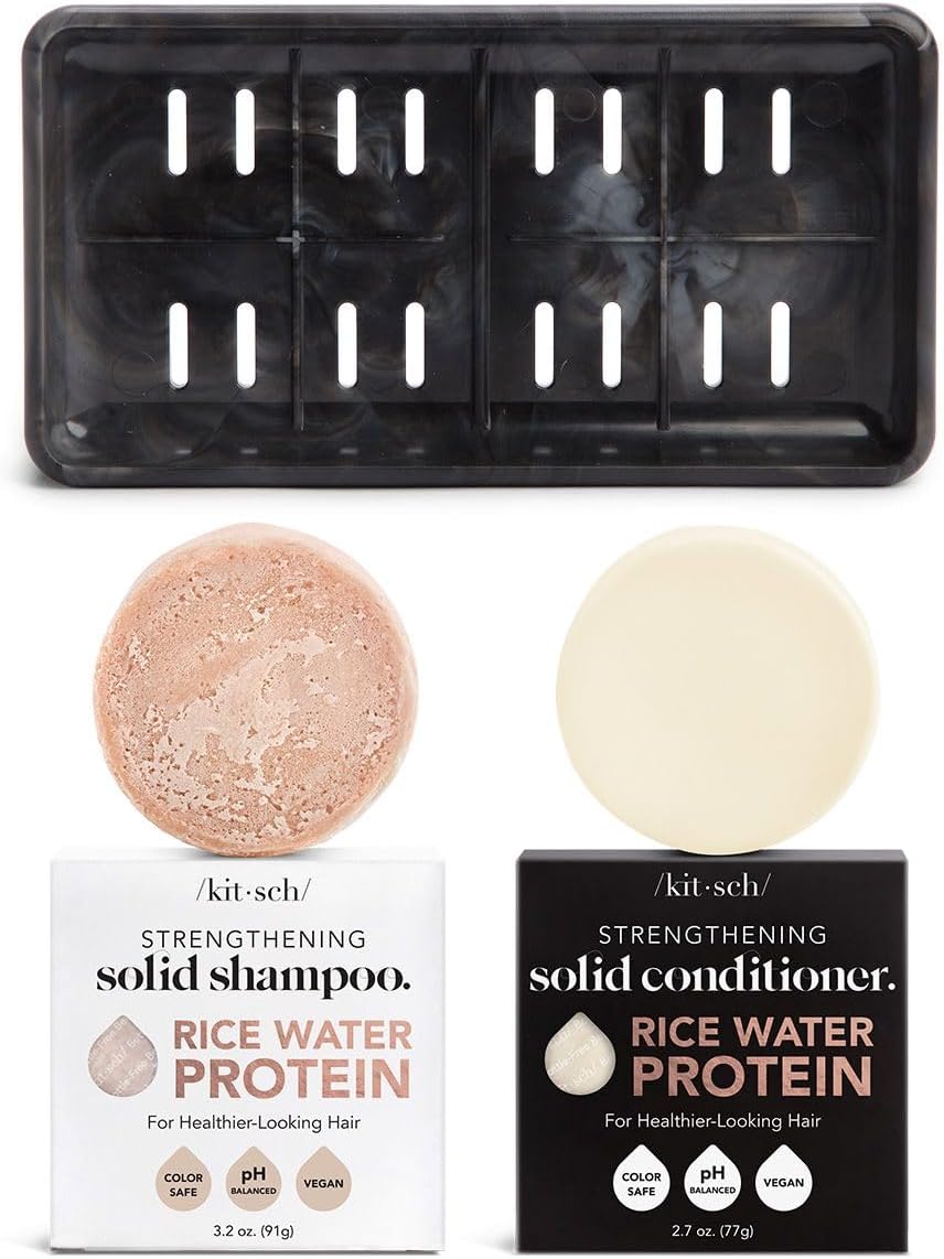 Kitsch Self Draining Bar Soap Holder, & Rice Bar Shampoo