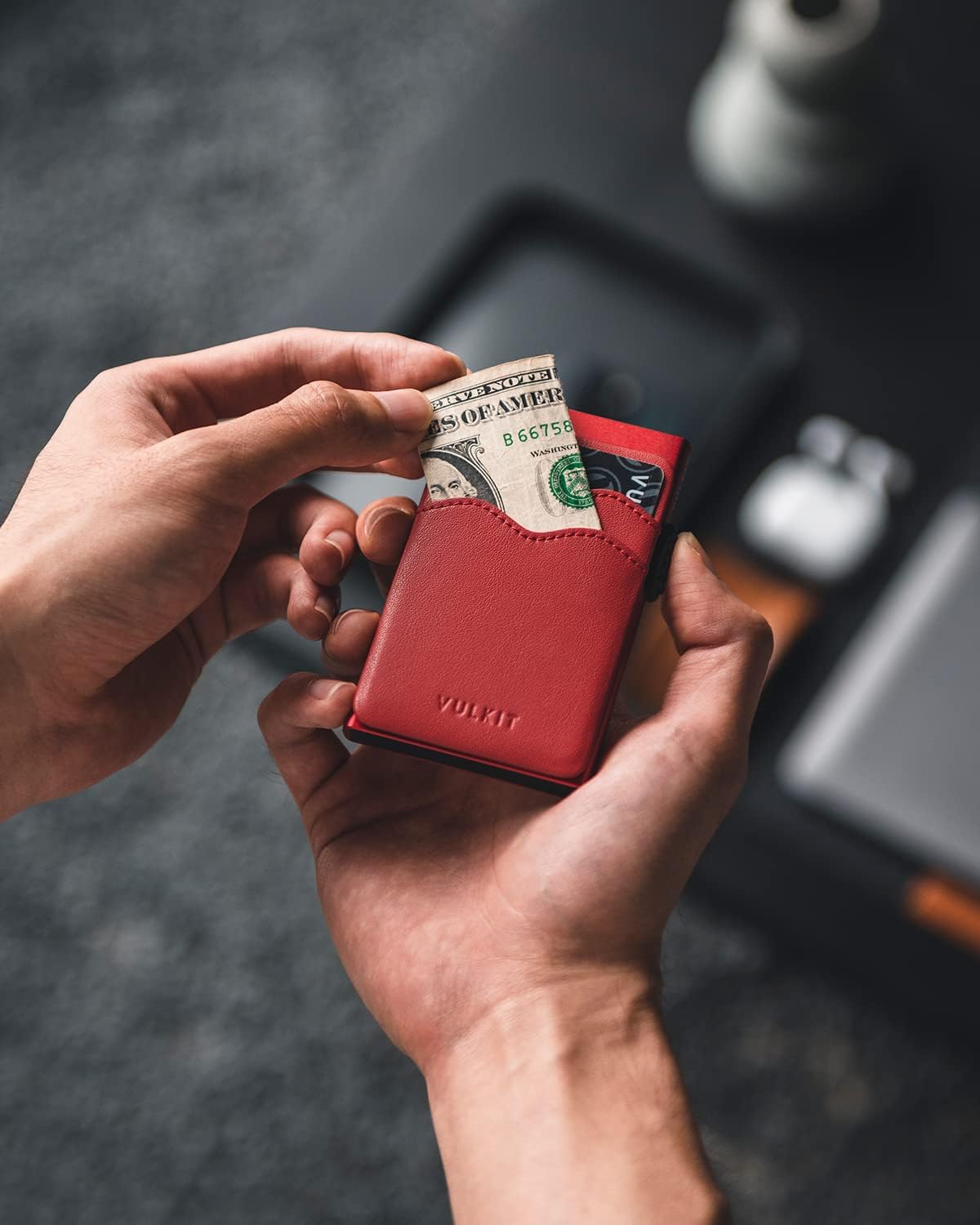 VULKIT Credit Card Holder Minimalist Slim Pop Up Wallet with Leather Slots RFID Blocking for Men and Women Holds 7 Cards and Notes Red - Image 4