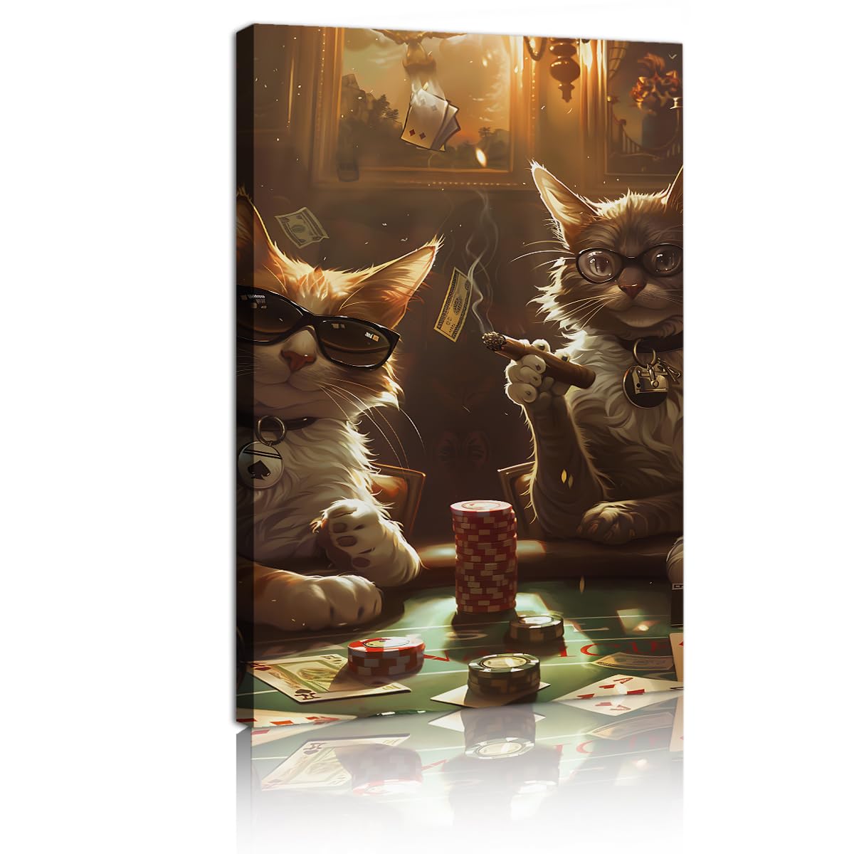 YUNART Funny Cat Playing Cards Pool Canvas Wall Art Cute Pet Print Home Decor Game Room Living Room Office Aesthetic Wall Decor 60x105cm Innerframe