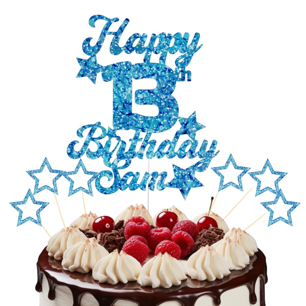 Personalised Happy Birthday Cake Topper Customised with Any Age Name Party Cake Decoration 16 18 21 40 60 Glitter Card Rose Gold, 12 Colours (Chalk Blue)