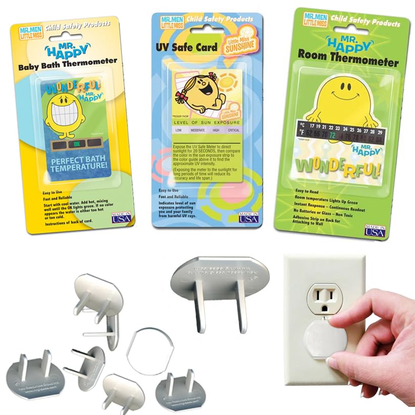 Little Miss & Mr. Men Tarjetas de seguridad para niños UV, temperatura del baño, termómetro de habitación, paquete de 3 tapas de salida