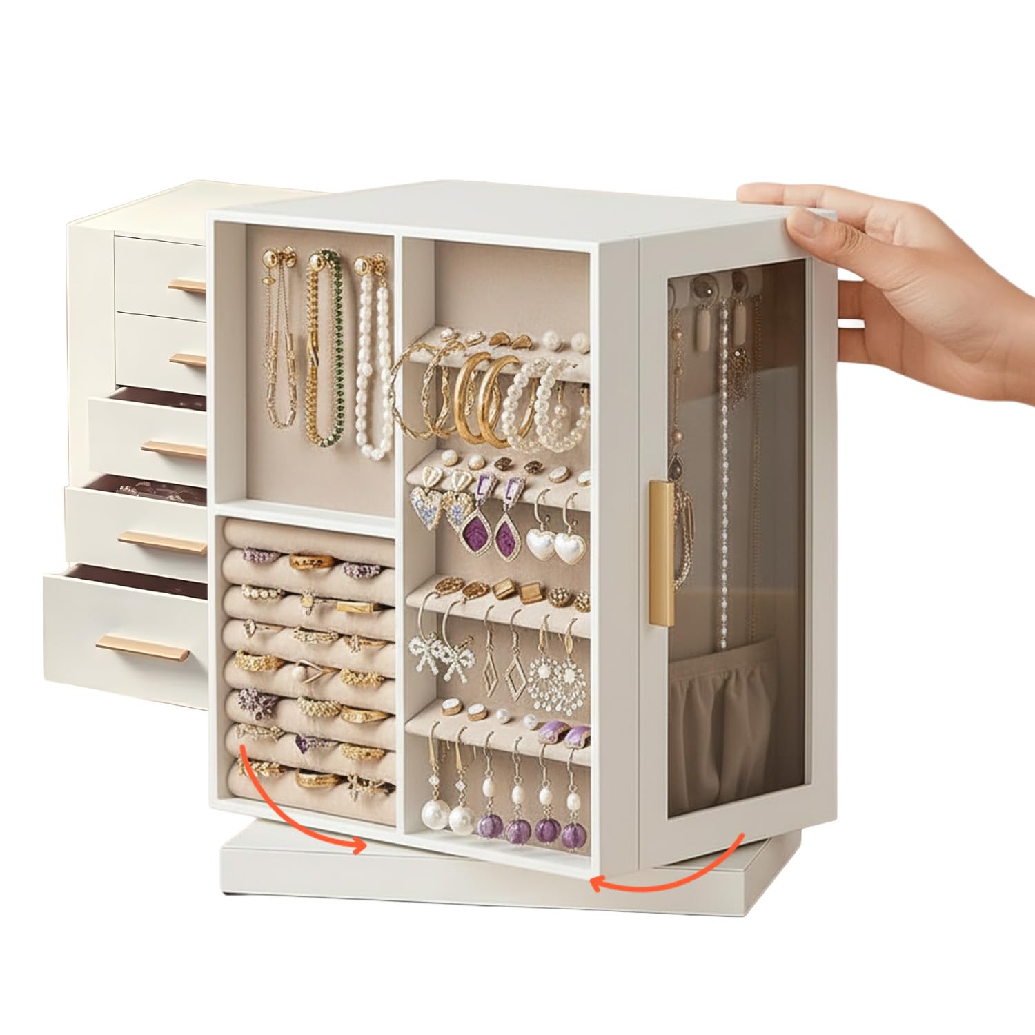 Avilia – Portagioie in Velluto Rotante in MDF, 5 Cassetti, 18 Ganci Collane, 48 Fori Orecchini, 8 Slot Anelli – Organizer 360° Gioielli Elegante, Idea Regalo