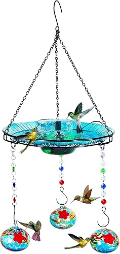 Alimentador de colibríes y baño para pájaros para exteriores 2 en 1 para pájaros pequeños - Fuente de baño de colibrí con 3 macetas rojas - Fuente