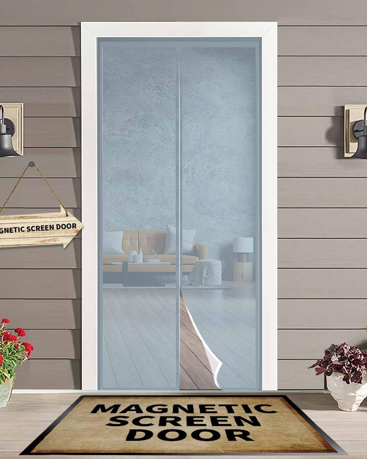 Magnetische Fliegengittertür, 96,5 x 211 cm, modernes Himmelblau, berührungsloses Fliegengitter mit Magnetverschluss für einflügelige Schiebetüren