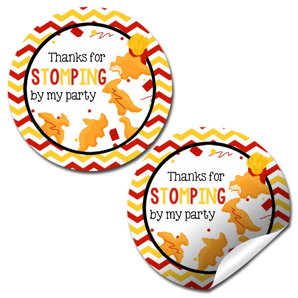 Stomp & Chomp Dinosaur Chicken Nugget Birthday Party Thank You Stickers for Kids – 40 2" Round Labels – Dino Nugget Party Favor Stickers, Gift Bag