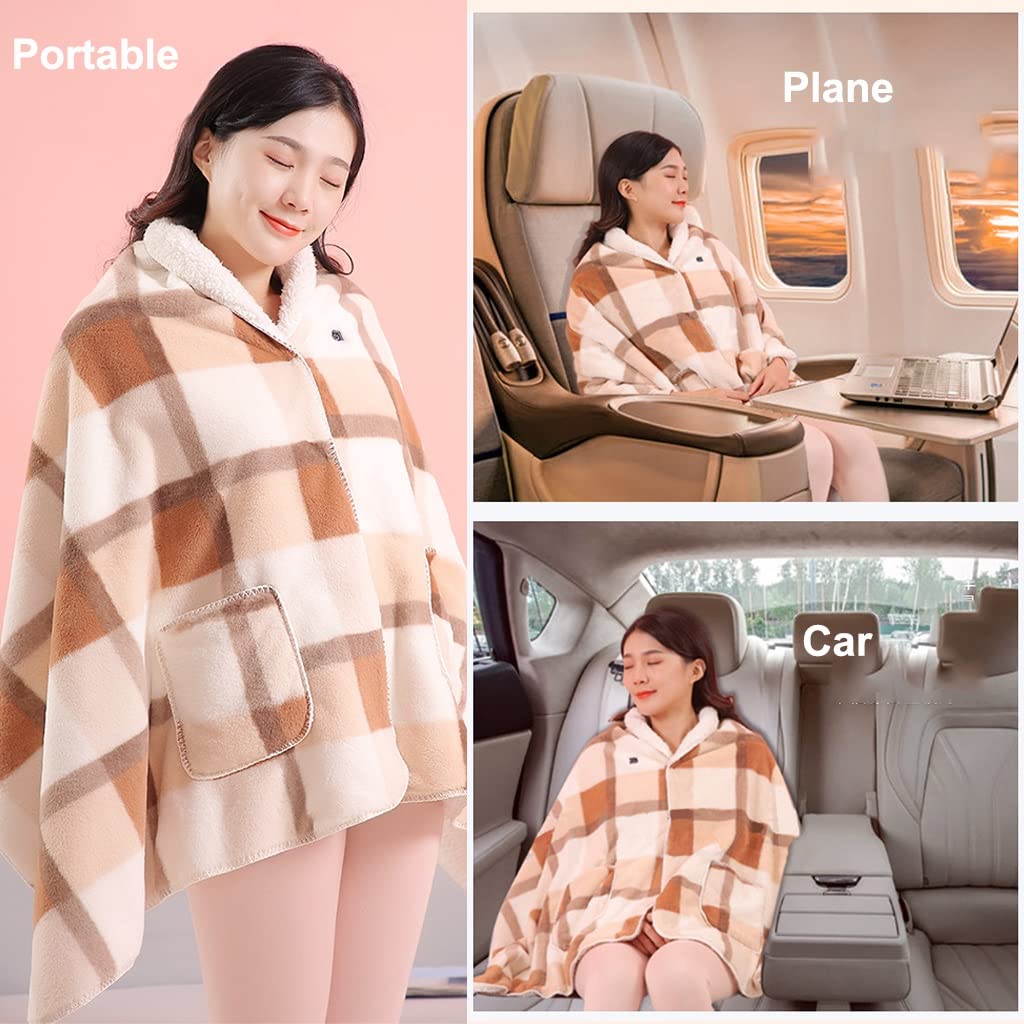 Couverture châle chauffante USB Portable avec 3 chauffages et minuterie & Poches, Couverture chauffante électrique Portable Lavable en Machine for Voyage, 67" x 27", Polaire Sherpa à Carreaux
