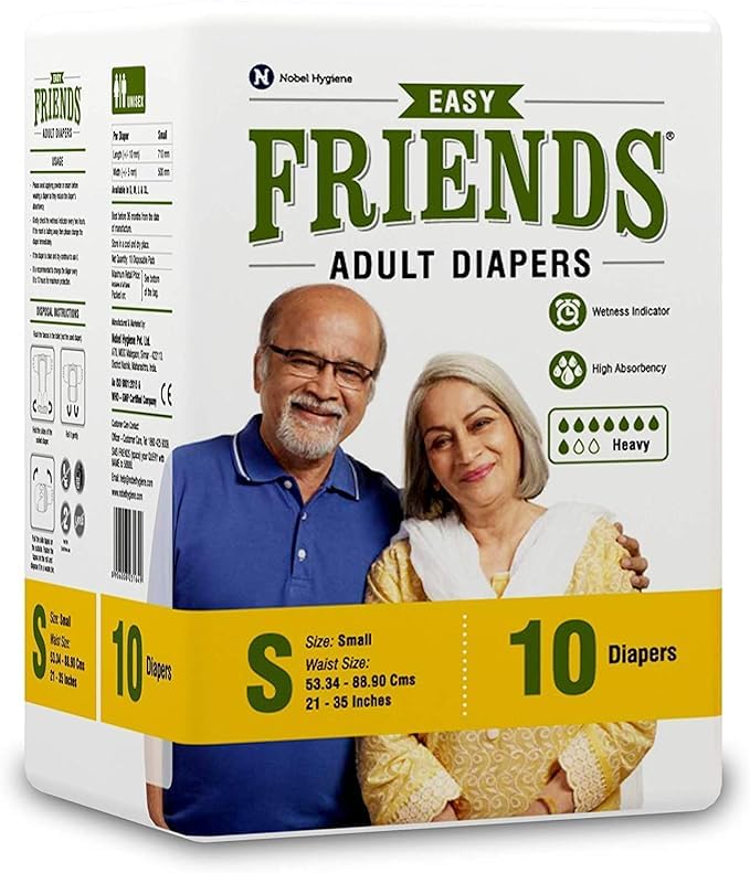Image of Friends Easy Unisex Adult Diapers Tape Style-10 Count /Pack With Odour Lock And Anti-Bacterial Absorbent Core- Waist Size 96.52-152.40 Inch ; 38.60 Cm Small (Pack-12, 120 Count)