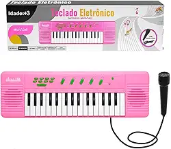 Teclado Musical Eletrônico Infantil Rosa 32 Teclas com Microfone Várias Funções