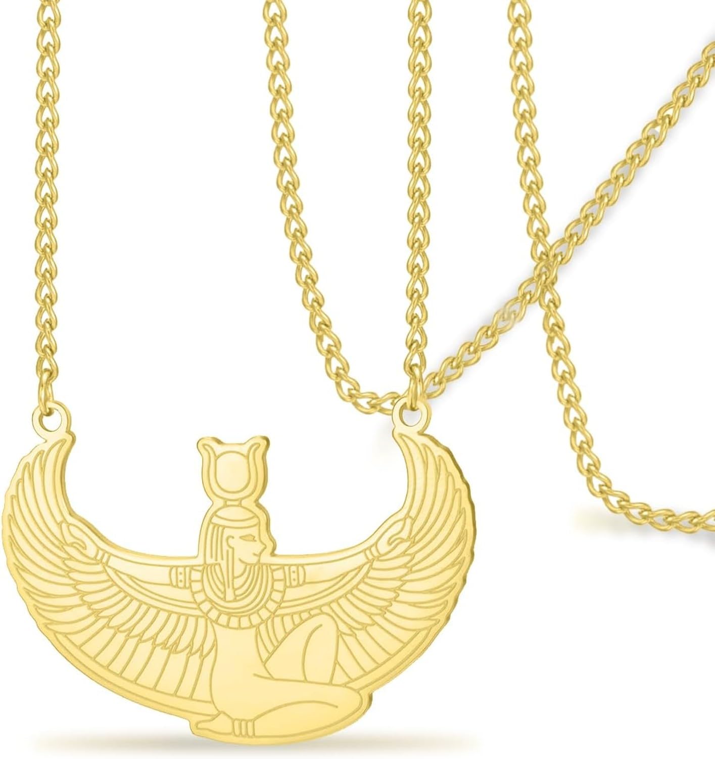 LGBBTI Egyptian Isis Winged Goddess Protection Pendant Necklace Stainless Steel Ancient Egypt Greek Mythology Jewelry for Women Men Amulet Gifts, Gold