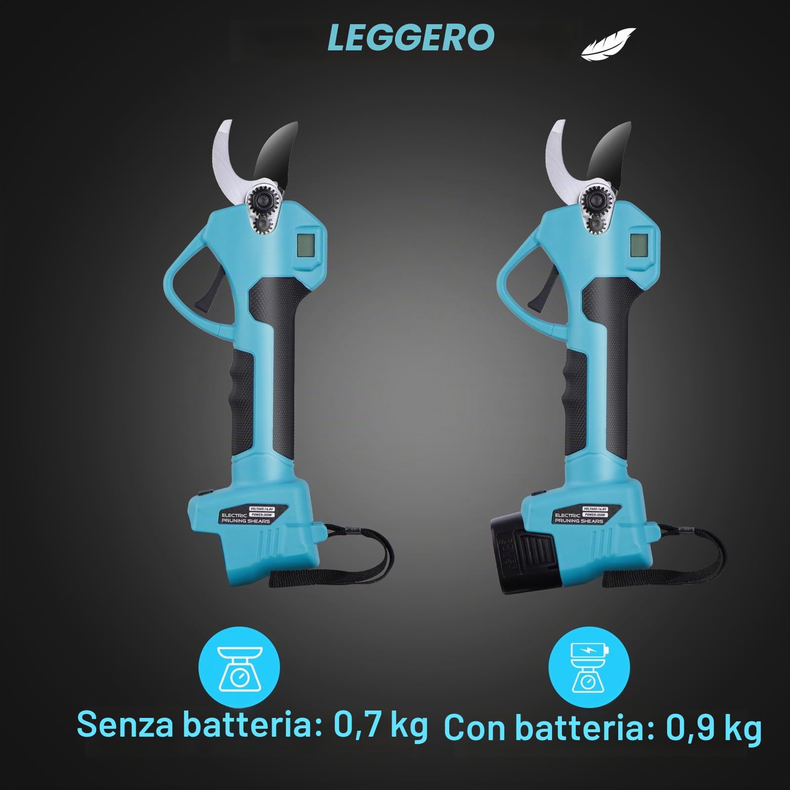 Forbici Potatura a Batteria 35mm 2 Batterie 21V 2.0Ah, Cesoie Elettriche con Motore Brushless, Lame SK5 Rivestite in PTFE per Giardino, Ulivi e Alberi da Frutto Blu