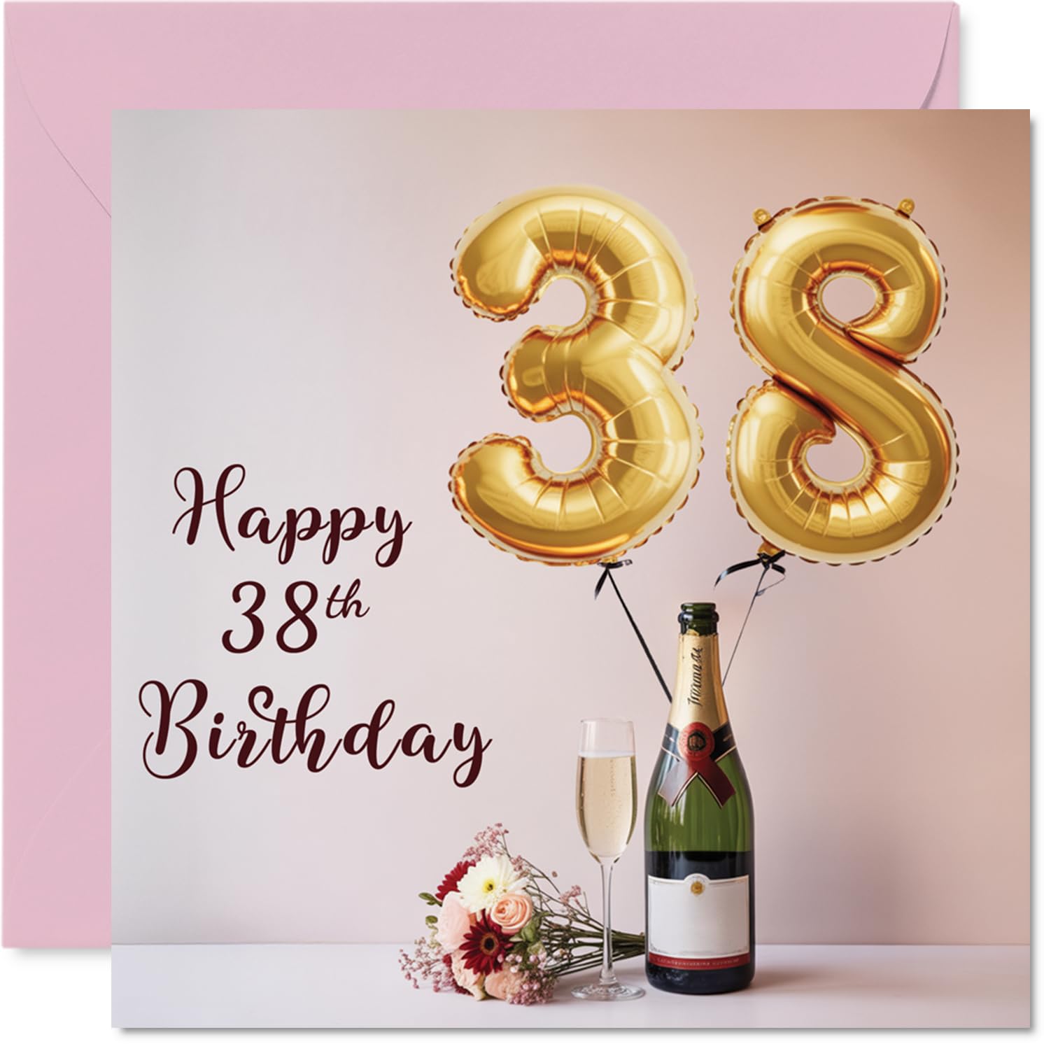 38th Birthday Cards for Women and Men, Balloons & A Bottle of Bubbly