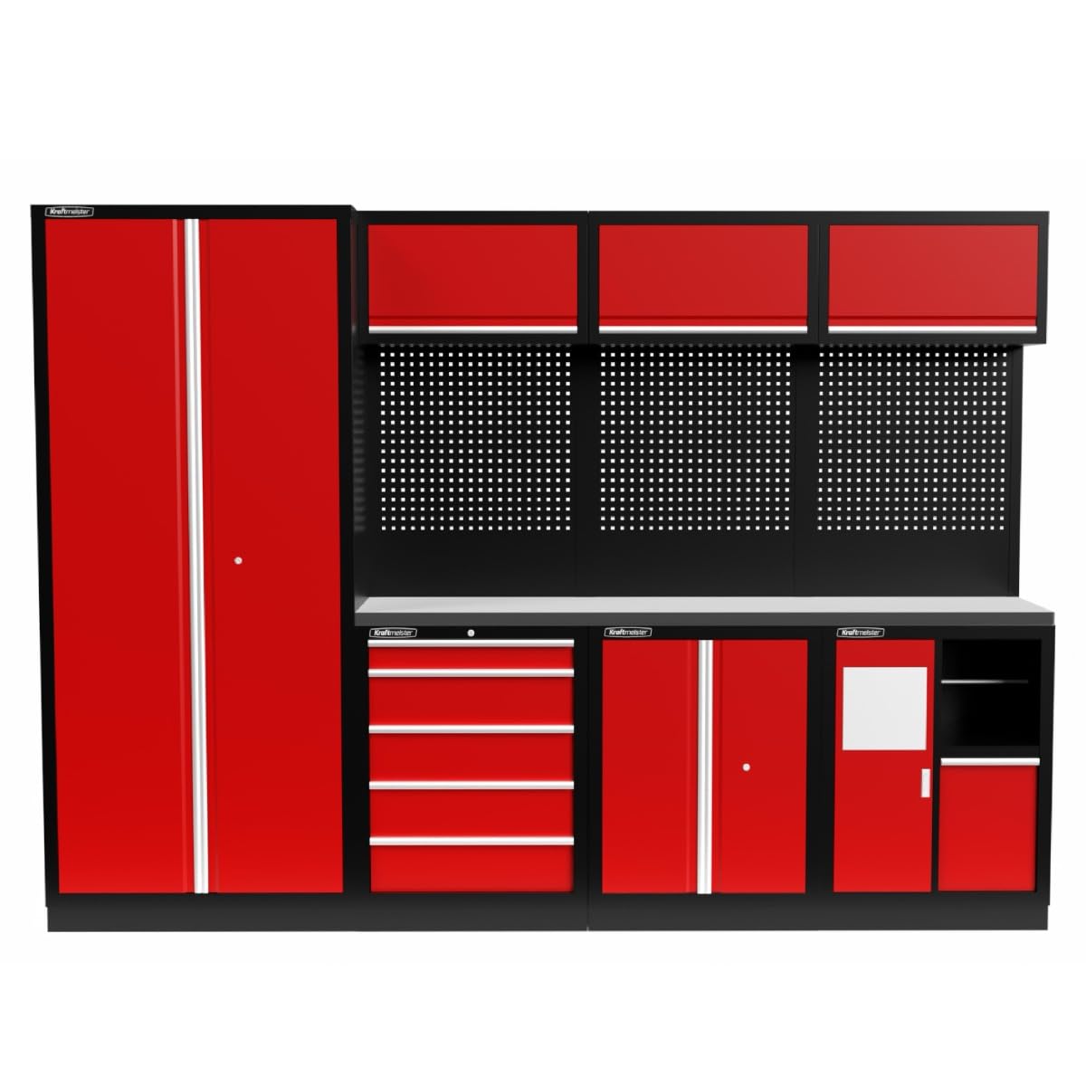 Werkstatteinrichtung - Männerküche mit 5 Schubladen, 5 Schränken und 1 Abfalleimer mit Papierrollenhalter - Werkzeugschrank, Garage - modulares Werkbank mit Edelstahl Arbeitsplatte - Rot