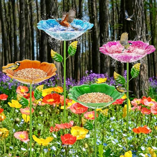 Image of 4 Pack Bird Bath for Outside, Outdoors Garden Decor Flower Birdbath | Colorful Metal Bird Bowl with Five Stakes for Hummingbird Baths & Bird Feeders, 31.3 inch H x 10.63 inch Dia (Red,Yellow,Blue,Green)