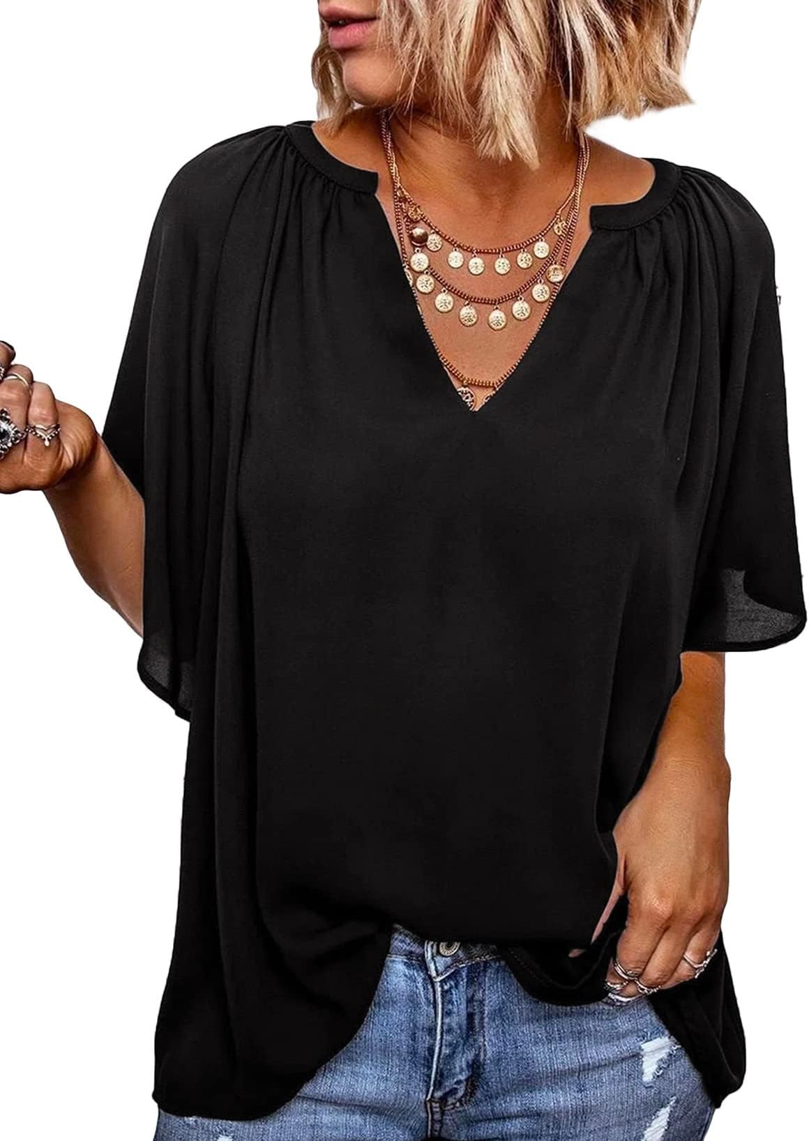 Womens Chiffon Blouses Dressy Casual Summer 3/4 Sleeve Tops V Neck Work Dress Shirts
