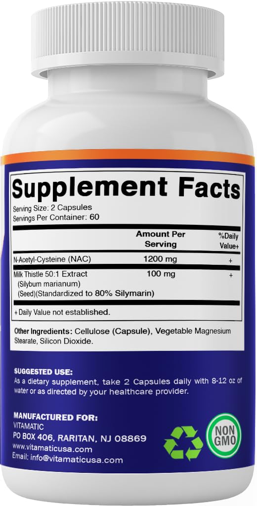 Vitamatic NAC Supplement N-Acetyl-L-Cysteine (NAC) with Milk Thistle 50:1 Extract - Supports Immune, Respiratory, Liver Health, 1200 mg per Serving, 120 Veg Capsules — Amazon image 8