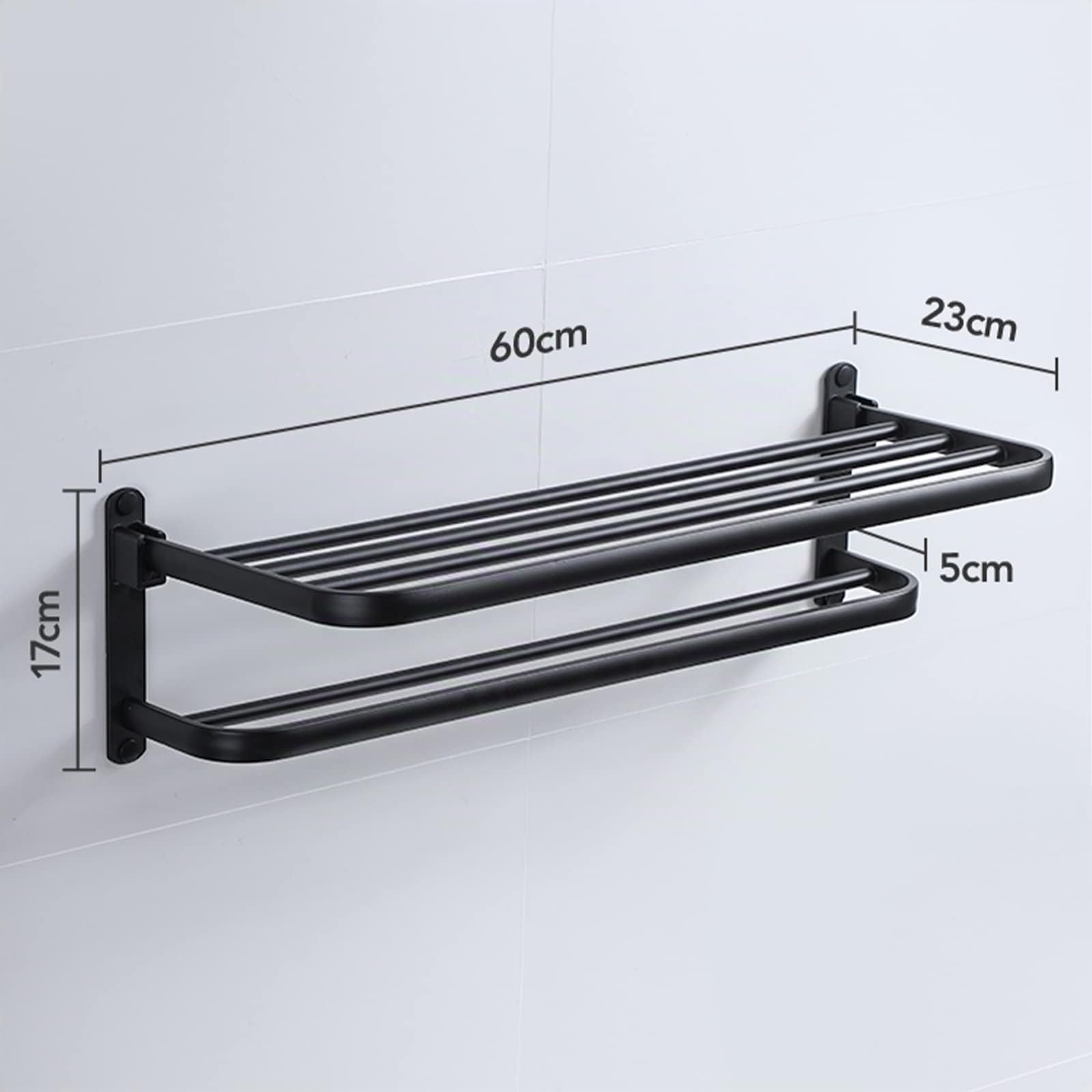 Toallero con 2 barras de montaje en pared, riel autoadhesivo, estante de aluminio para baño, negro mate, 60 cm