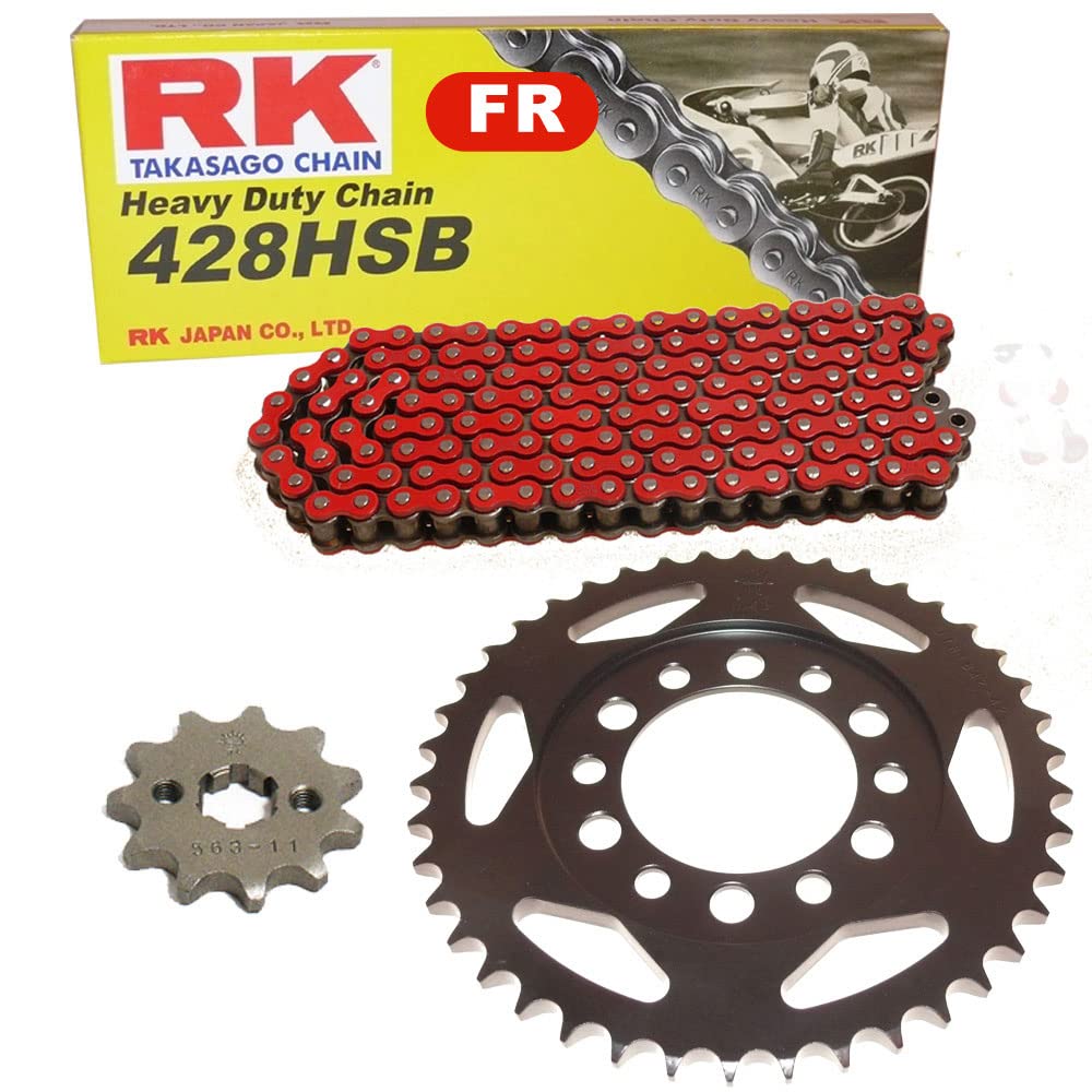 Set catena, adatto per Yamaha TY 125 1980, catena RK FR 428 HSB 120, aperto, rosso 13/52
