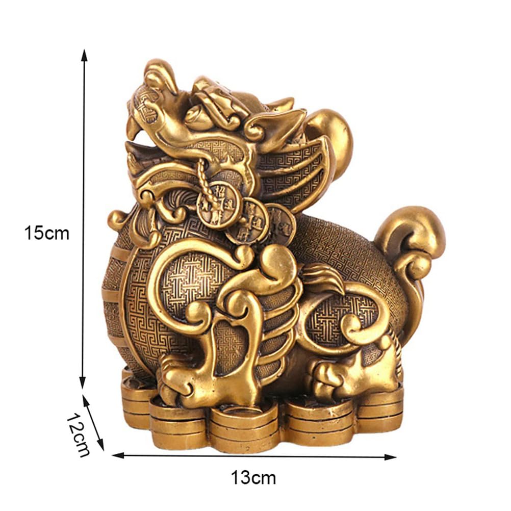 Figurka Feng Shui Pi Xiu (Pi Yao), mosiężna figurka bogactwa do domu lub biura, kompaktowa złota figurka na biurko do kolekcjonowania, przyciągająca pieniądze i szczęście