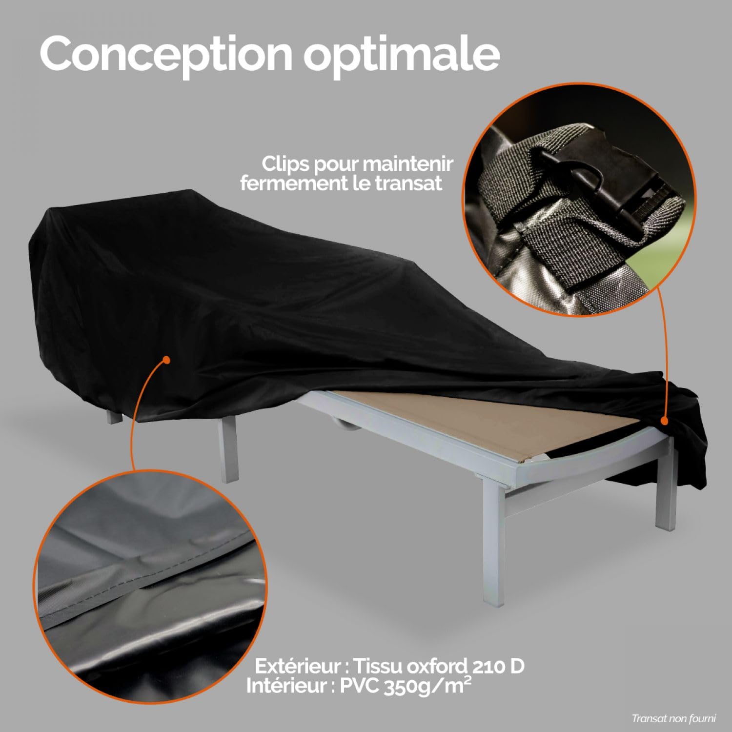 Linxor - Bâche, housse de protection imperméable pour transat - 210 x 75 cm - Noir