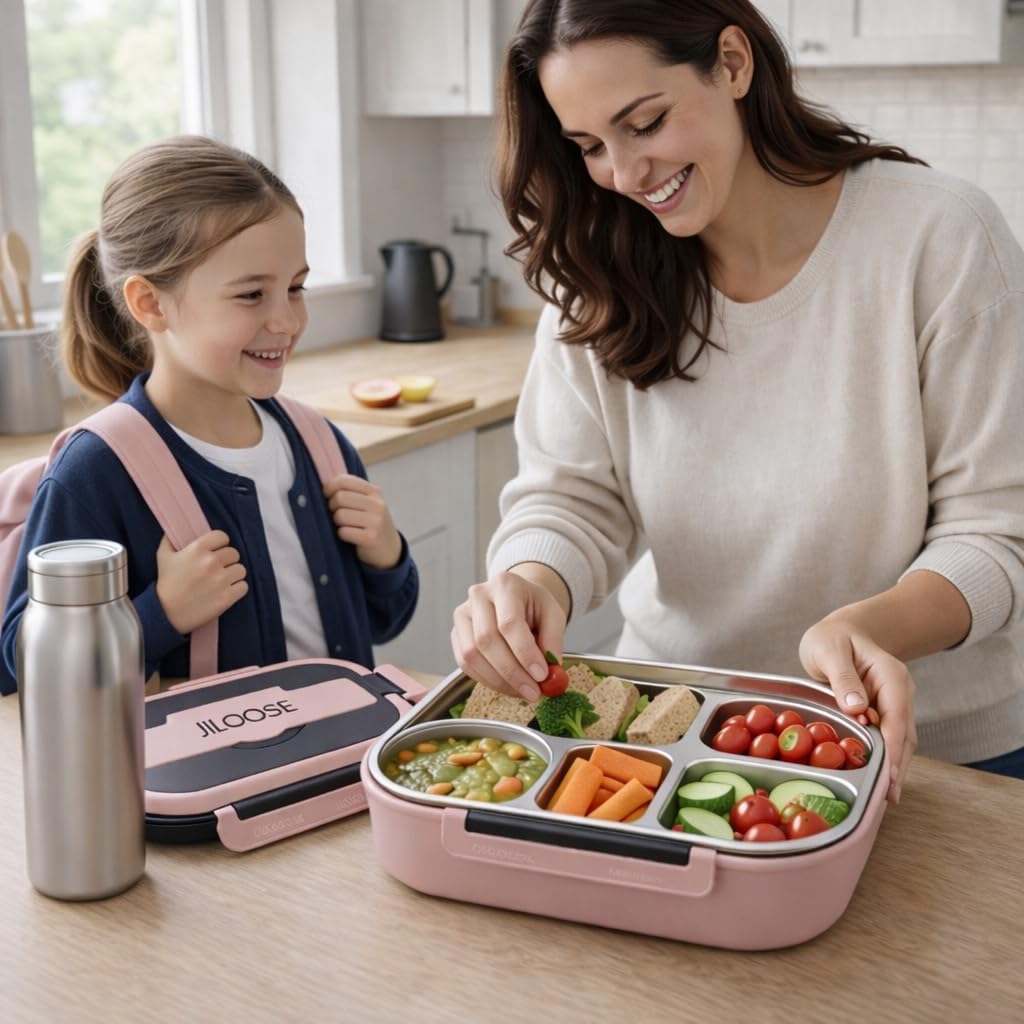 Stainless Steel Bento Box, Leak-Proof, BPA-Free, Dishwasher Safe, 4 Compartments Container School & Travel, Bento Lunch Box for Kids and Adults