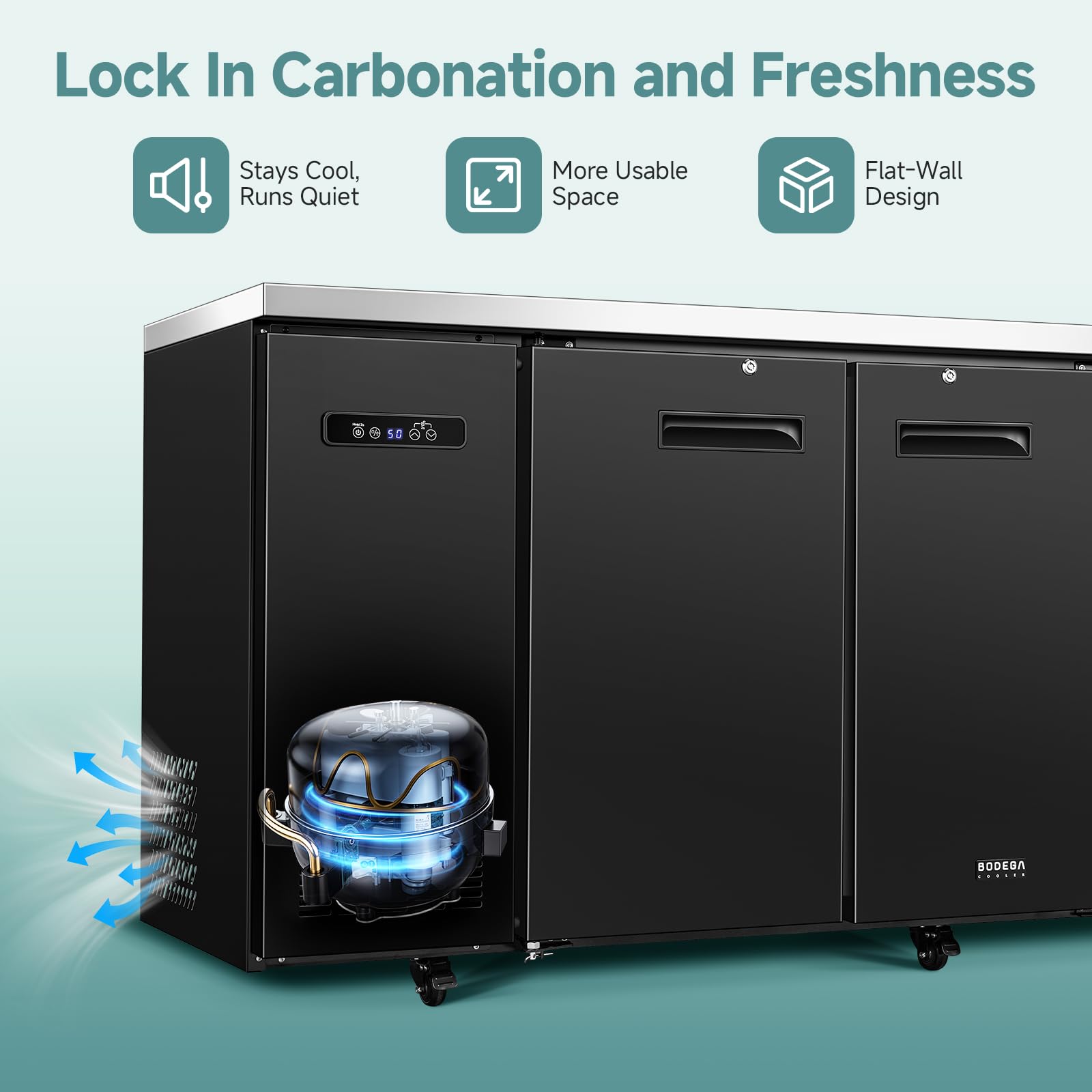 Bodegacooler Commercial Bar Cooler With 3 Solid Doors, 20.5 Cu.Ft Back Bar Refrigerator, Beverage Refrigerator For Beer Soda Wine,LED Light, Stainless Steel Top,6 Casters, For Kitchen Buffet Table on Fridge.com - View 5
