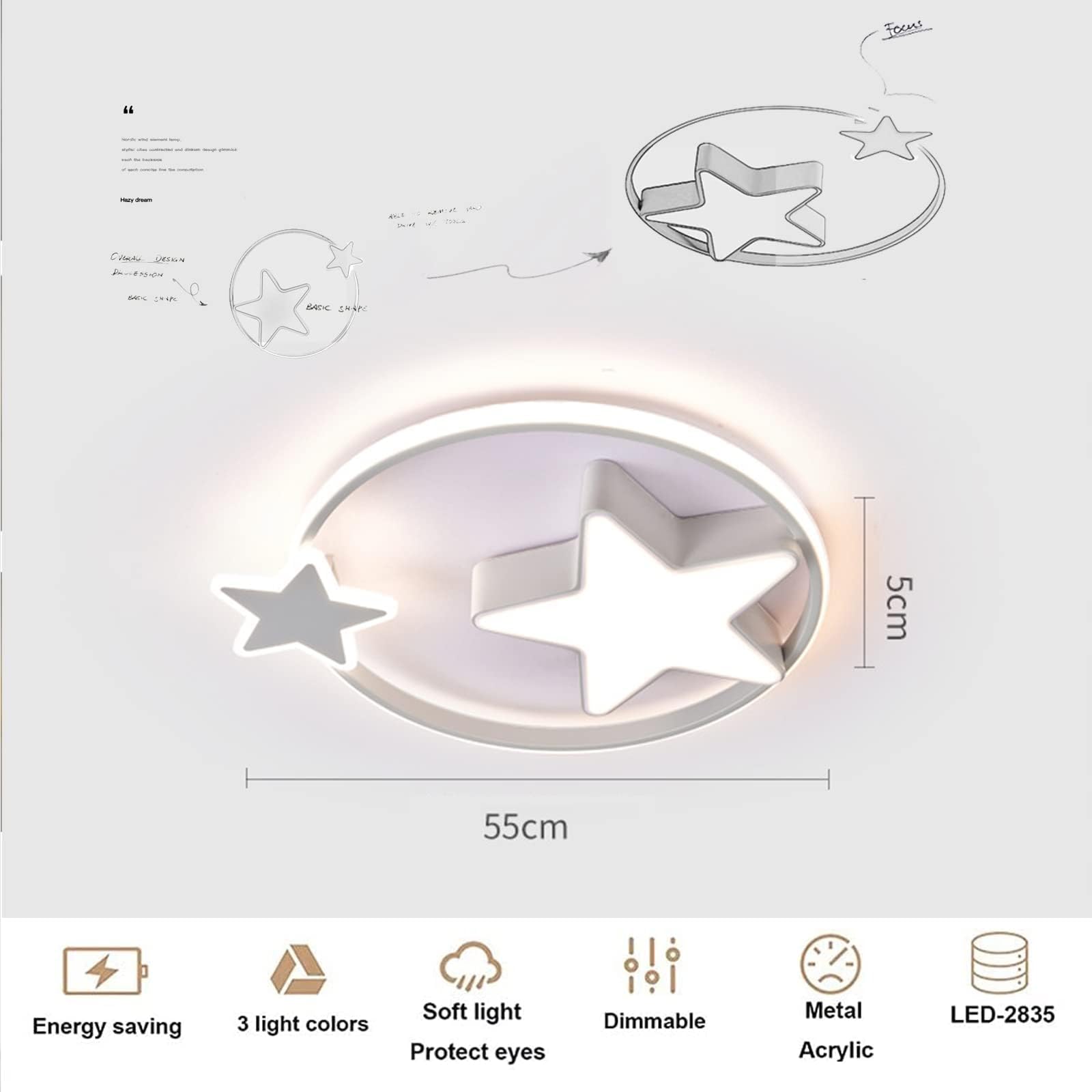 Weiße LED Deckenleuchte | Moderne Runde Kinderlampe | Sterne Sternenhimmel Kinderlicht | Ø55cm 48W | Dimmbar Mit Fernbedienung 2700K-6500K | Kinderzimmer Jungen Mädchen Deckenleuchte Schlafzimmer