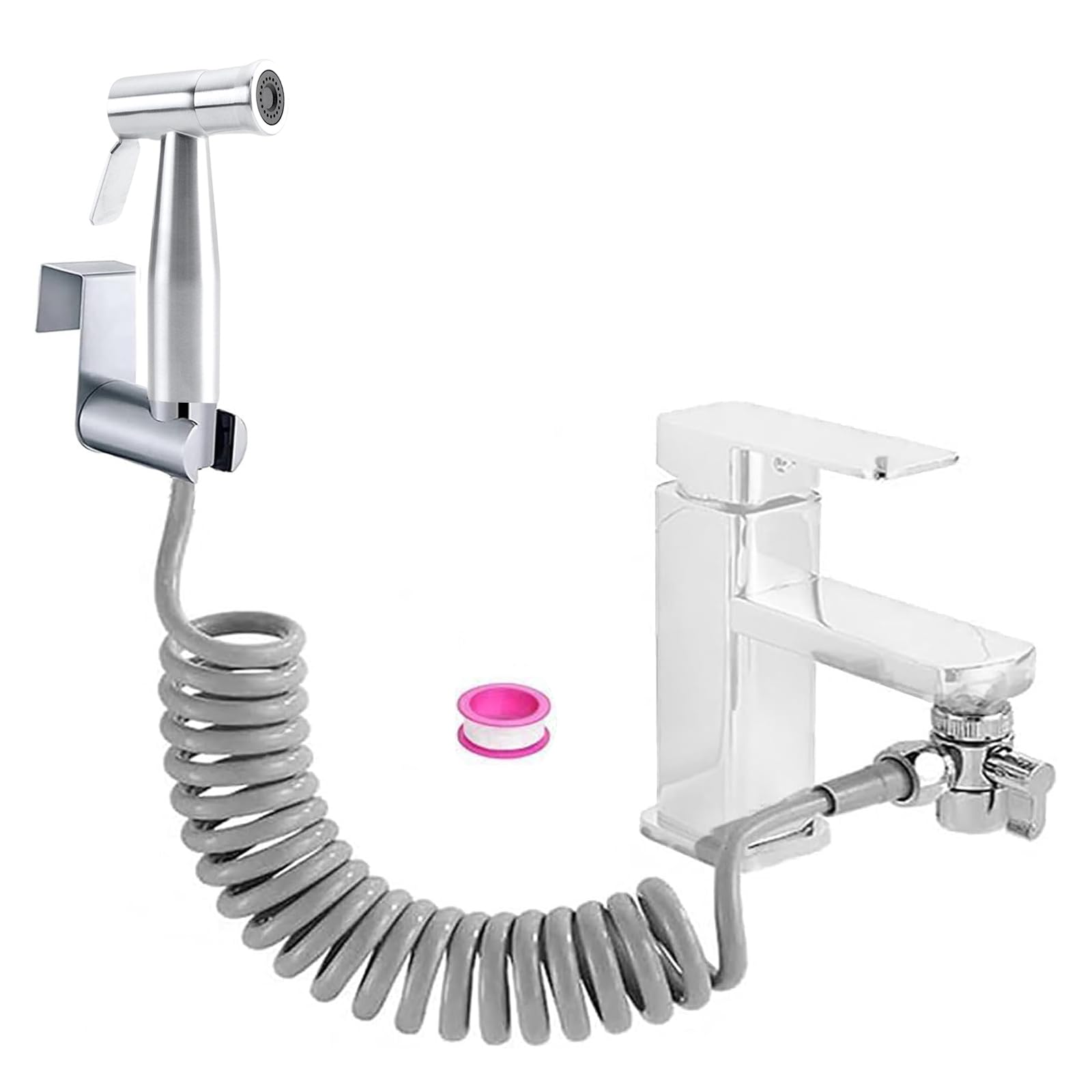 Bidet Edelstahl Handbrause Set, Badezimmer - Bidetaufsatz mit mit Wasserhahn-Spender, Federschlauchhaken, Wasserhahnspender, Badezimmerhygiene und Windelreinigung,silberfarben
