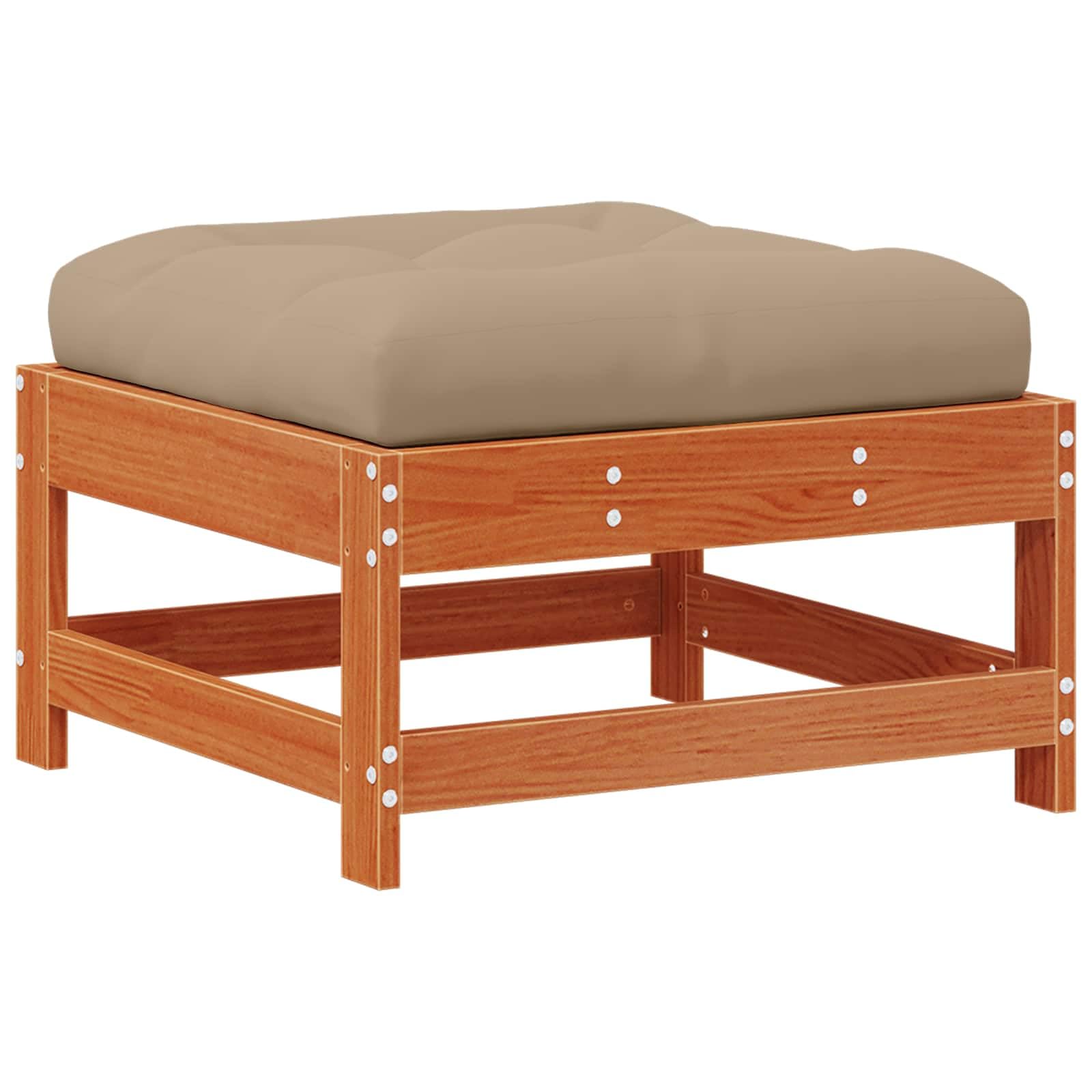 Reposapiés de jardín con cojines, elemento modular de madera de pino maciza, color marrón cera, 62 x 62 x 32 cm, versátil mueble de exterior para patio, balcón y jardín