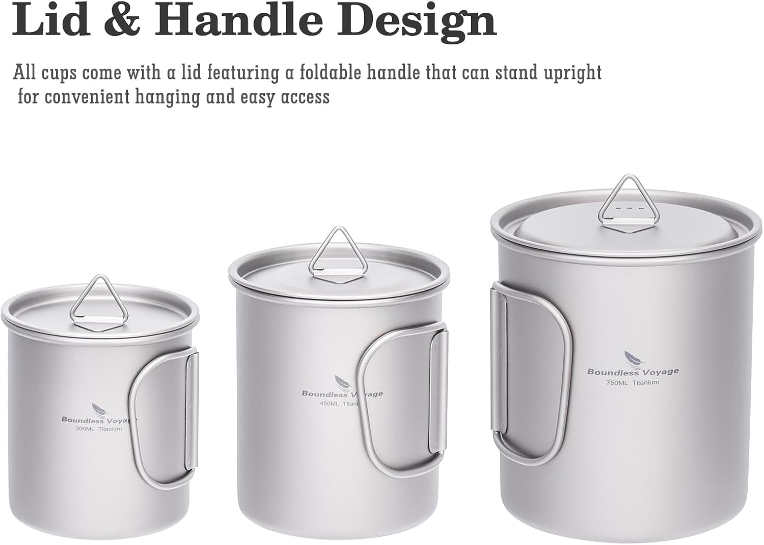 Boundless Voyage Titanium Camping Mug with Lid 300ml 450ml 750ml Lightweight Folding Handle Cup for Outdoor Backpacking Hiking Travel Durable Portable (3 Pcs Set)