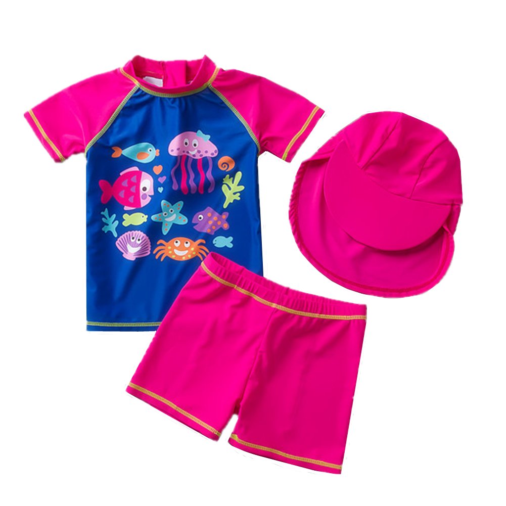 Baby Toddler Girl Swimsuit Two Pieces Kid Girls Swimwear Sun Protection Rash Guards with Hat 1-4t