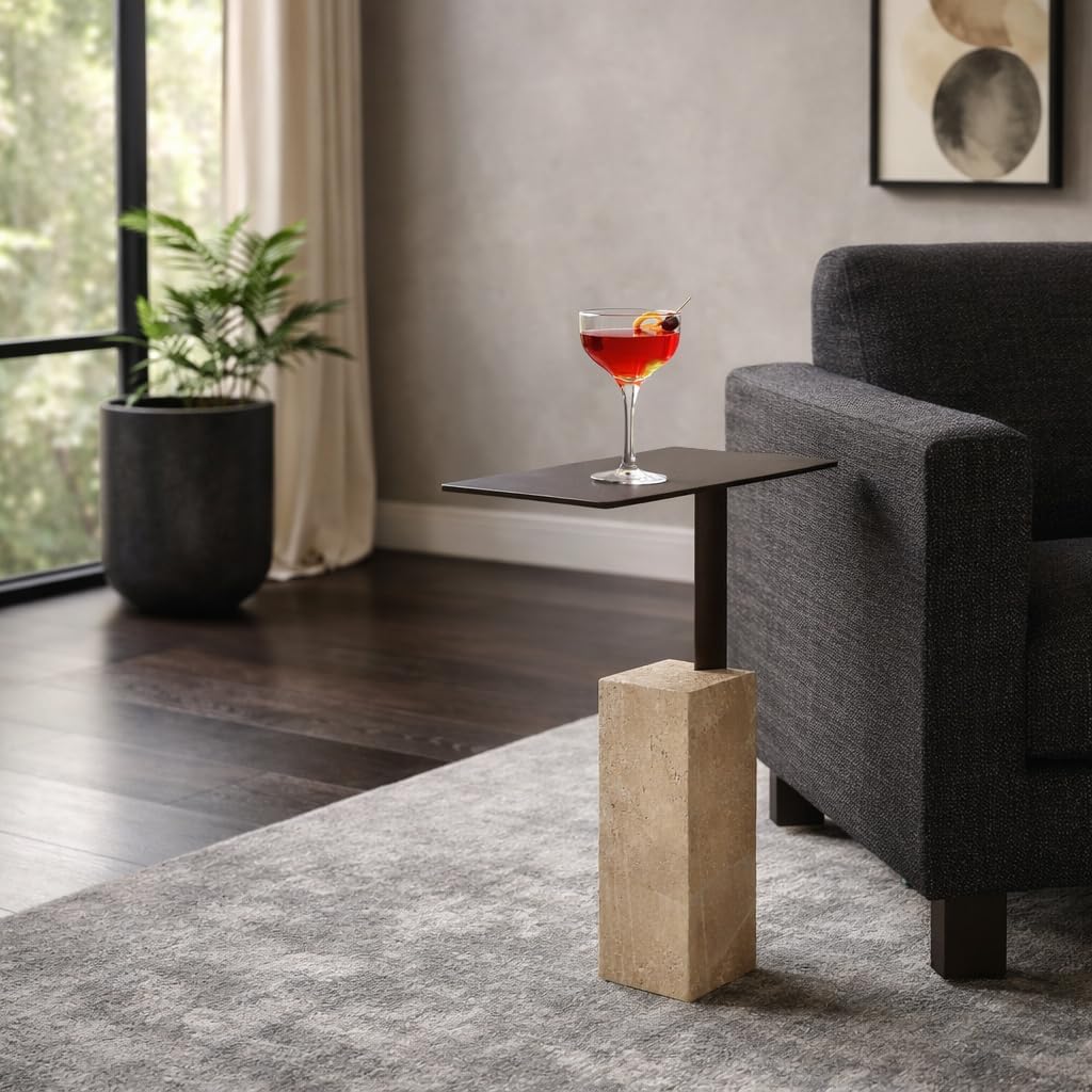 Contemporary End Table, Side Table, or Night Stand - Travertine Rectangular Block Base for Modern Home, Bedroom, or Living Room - Bold Interior Design Perfect for Small Spaces - 22" Bronze, Tan, Black