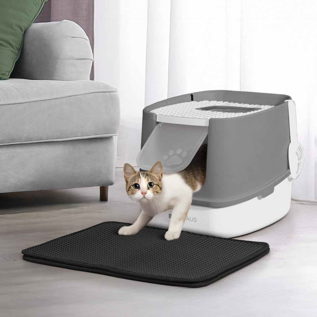 Detachable Cat Litter Box with Lid, 3-in-1 Cat Toilet of Cats, Large Space Anti-Leakage Cat Litter Box with Scoop, Cat Mat & Odor Fitter, Dark Grey