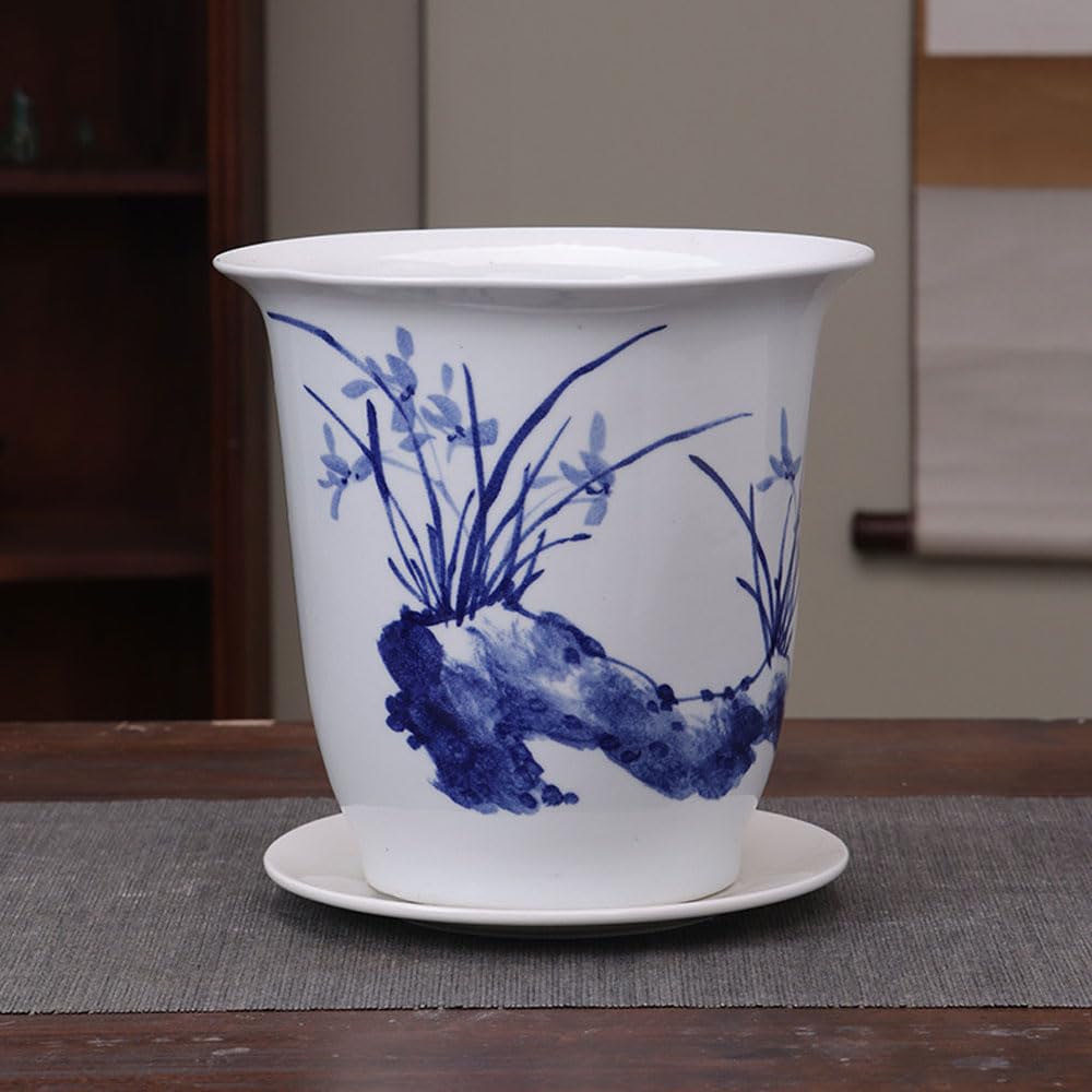 DFGHNBVC Ceramic Planter Blue And White Porcelain Flower Pots With Drainage Chinese Bonsai Pot Chinoiserie Decorative Plant Pot Table Centerpiece For Home Office Table,3-blue white