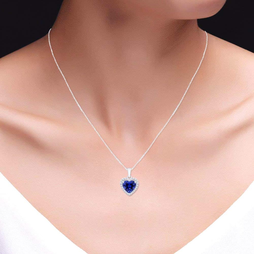 Heart Simulated Blue Sapphire & White Topaz CZ Pendant Necklace 14K Gold Over Sterling Silver