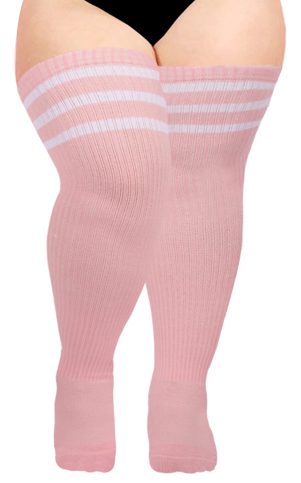 Moon Wood Plus Size Thigh High Socks for Thick Thighs- Womens Knit Cotton Extra Long Over the Knee High Socks Leg Warmer: One Size Plus Baby Pink & White