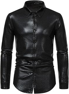 Mens 70s Disco Shirt Metallic Fancy Dress Outfit Shirts Metallic Silver Shirt Nightclub Styles Long Sleeves Shirts Shiny Slim Fit Disco Dance Rhombus hot Stamping Tops Costume Party Clubwear Costume