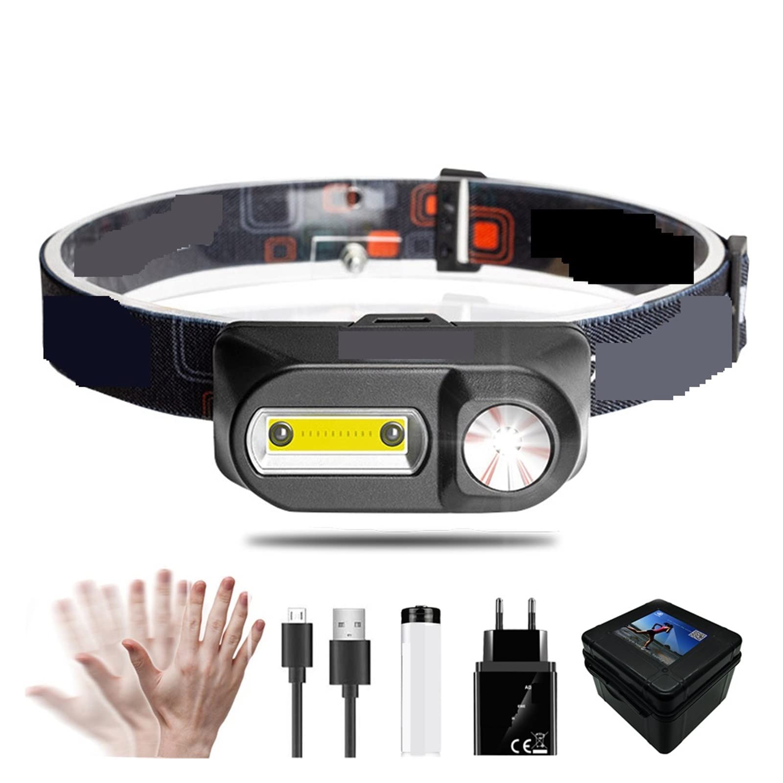 Ładowalna latarka czołowa USB — dioda LED XPE+COB, wodoodporna, indukcyjna na podczerwień, mocna latarka kempingowa