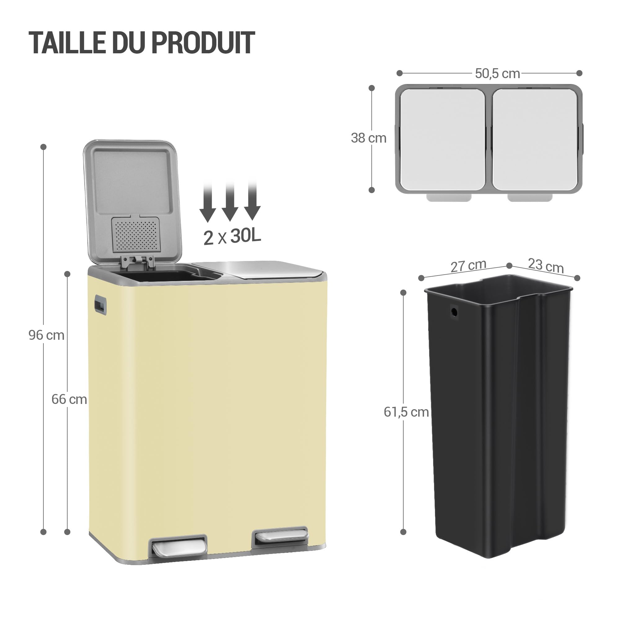 Hzuaneri Basura con Pedal, Cubos de Basura 60L (2 x 30 L), Sistema de Separación de Residuos, 15 Bolsas Exclusivas, Color Almendra SW06099Y