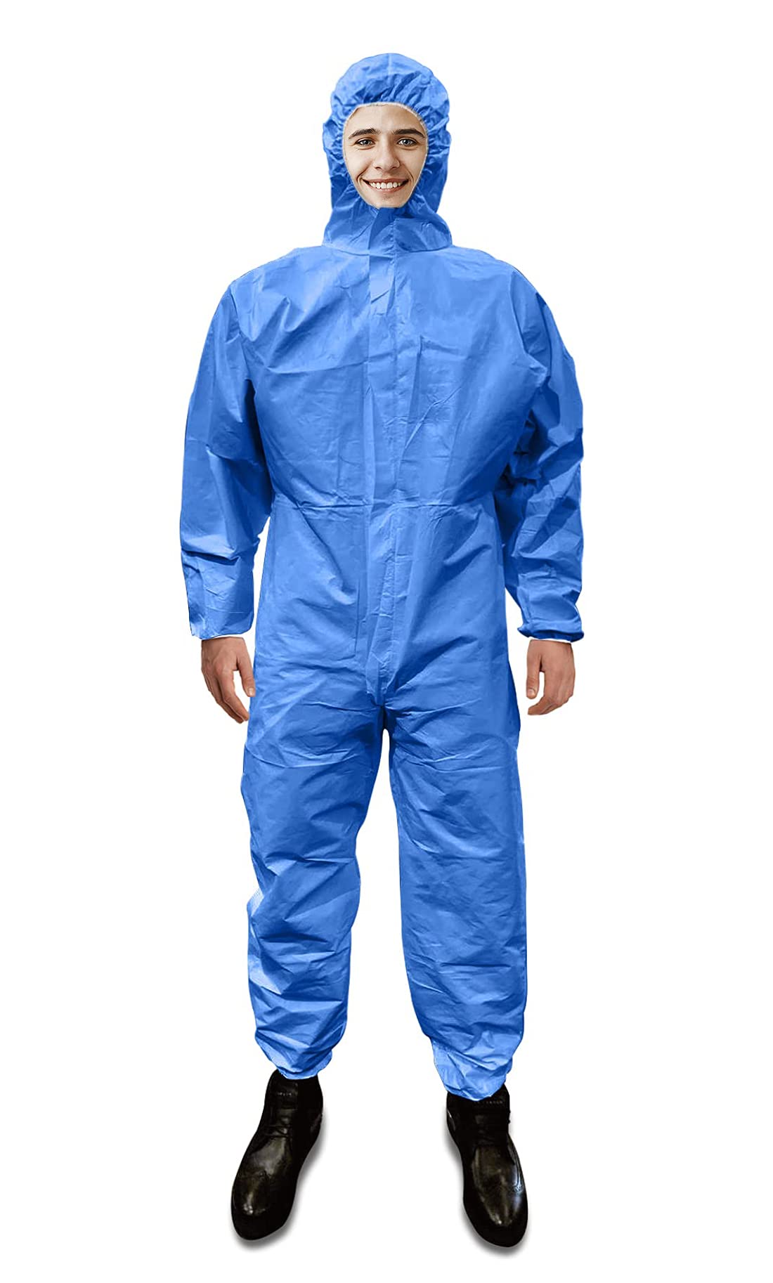 AMZ Disposable Coveralls with Hood, XX-Large Size. Pack of 5 Blue Hazmat Suits with Front Zip, Elastic Wrists and Ankles. 50 GSM SMS Lab Coveralls. Hazmat Costume Adult. Waterproof Painting Coveralls