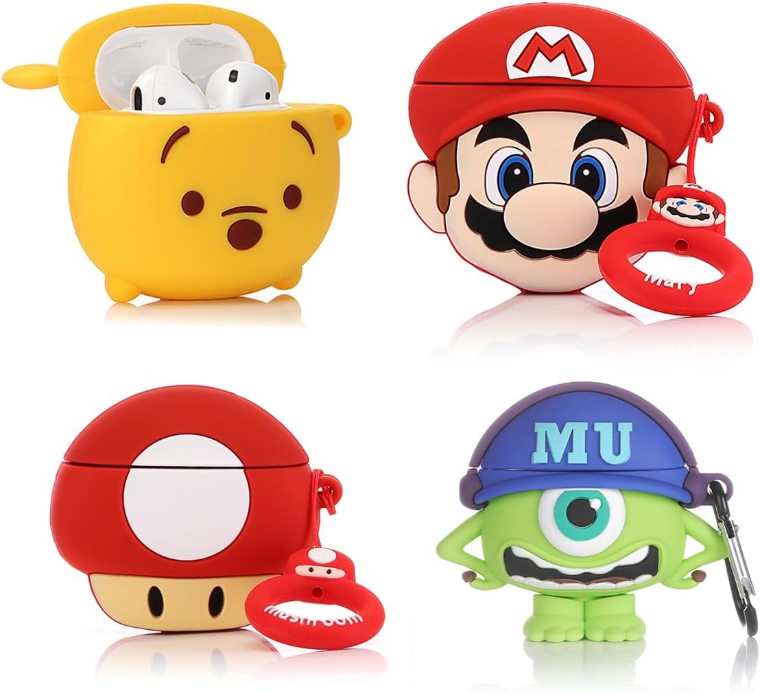 (4Pack) Case for AirPods 2nd/1st Generation(2019/2016) Earbuds, XMBYGY Silicone Case Protective Cover with Cute Cartoon Skin Design for AirPods 1/2, with Carabiner (CTMrQ+RDWN+Mario+Mushroom)