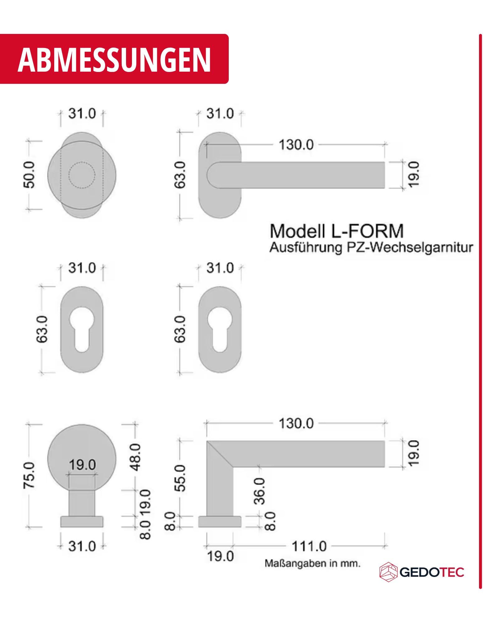Gedotec Türgriff Zimmertür Wechselgarnitur Gartentor Türbeschlag Edelstahl L-Form auf Ovalrosette | MÜNCHEN | Tür-Knopf - Drückergarnitur PZ - Profilzylinder | 1 Türgarnitur inkl. Befestigungsmaterial