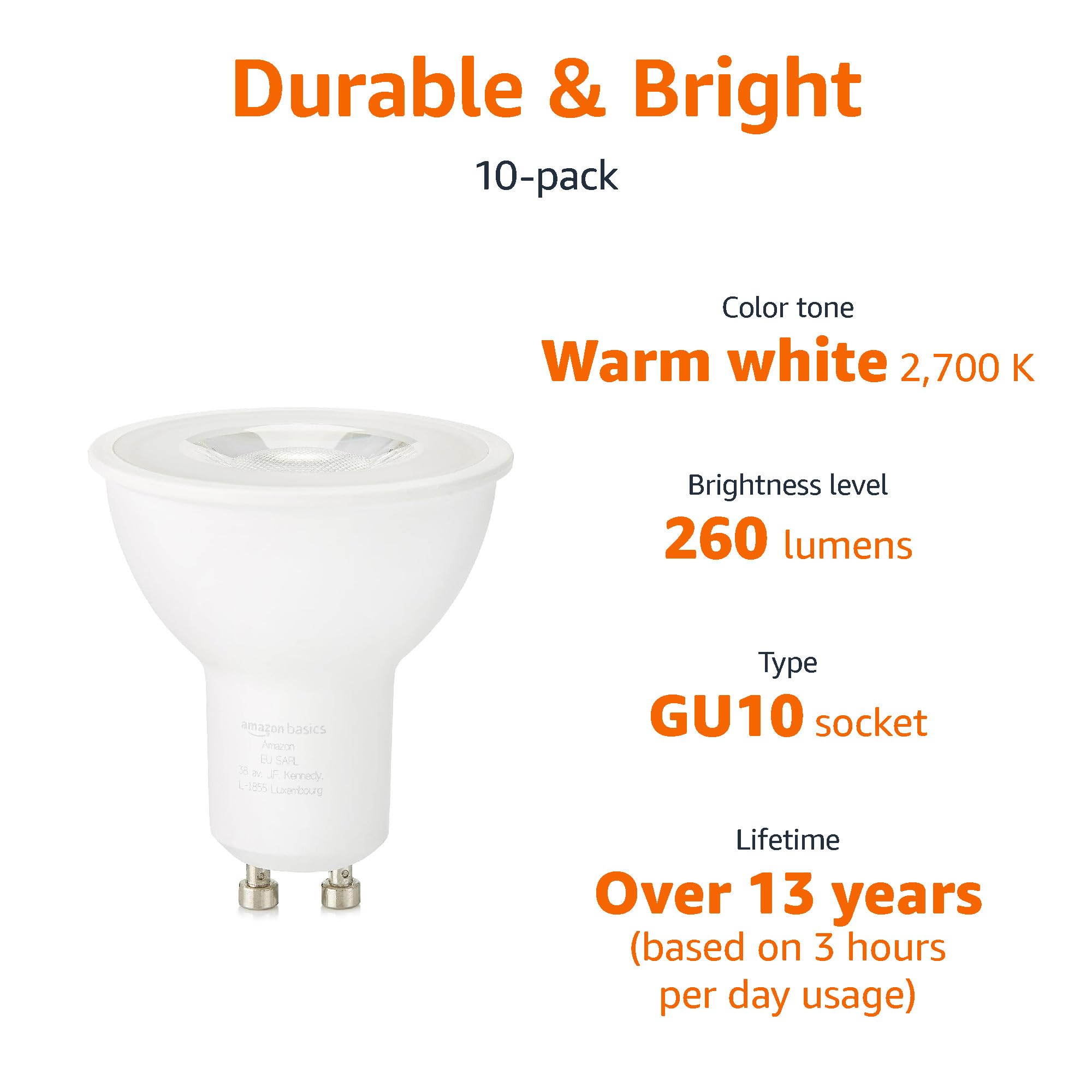 Amazon Basics Lot de 20 ampoules spot LED GU10, 3 W (équivalent à 35 W), blanc chaud, Non Dimmable