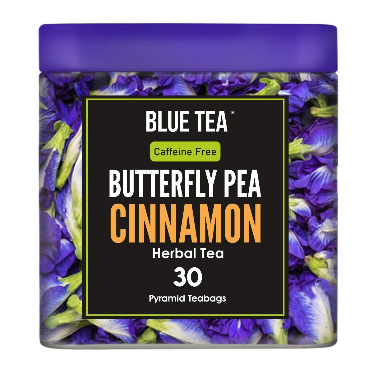 BLUE TEA - Blue Flower Cinnamon Herbal Tea Bags - 30 Pyramid Tea Bags | ANTI-OXIDANT | For Food, Iced Teas | Caffeine Free - Non-Toxic - Vegan | Eco-Friendly Tin Packaging