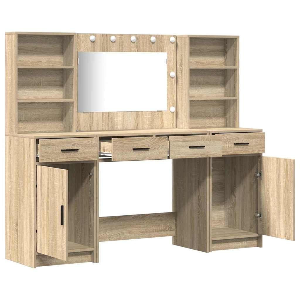 Schminktischset mit LED 3 pcs Sonoma-Eiche Holzwerkstoff, 158,5 x 41 x 135 cm, 4 Schubladen, Acrylspiegel, LED-Beleuchtung, USB-Anschluss, modernes Schlafzimmer, Stauraum und Organisation