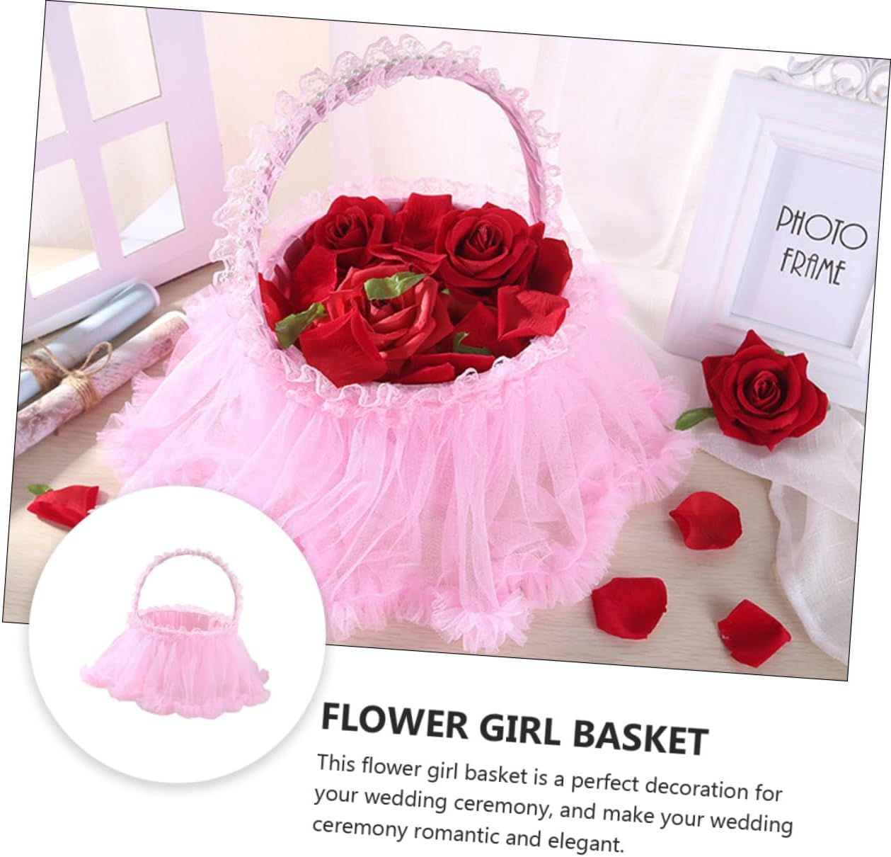 FOMIYES Wedding Scatter Flower Basket Pink Lace Petal Basket for Bridesmaids Wedding Party with Handle Ceremony Supplies