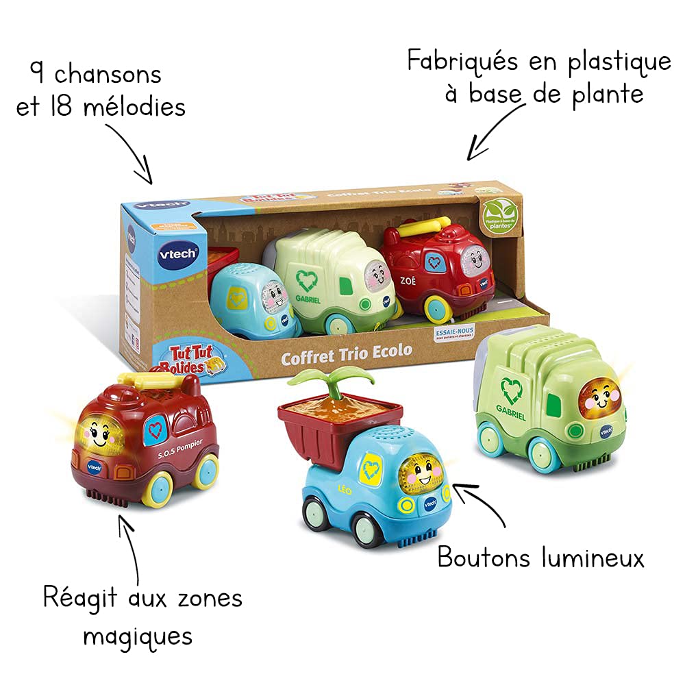 VTech - Tut Tut Bolides, Coffret Trio Secours, 3 Voitures Interactives, Camion de Pompiers, Tracteur et Hélicoptère, Jouet Musical et Sonore, Cadeau Enfant de 1 An à 5 Ans - Contenu en